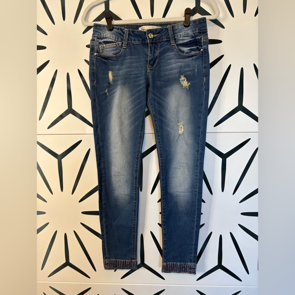 Farfallina Italian Straight-Leg Distressed Jeans – Rose Gold Stud Hem – Size 28